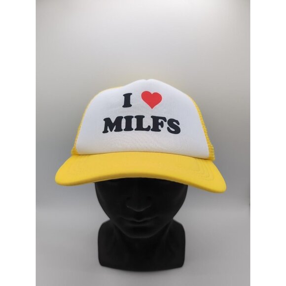Yellow White I Love MILFS Funny Truck Hat - Picture 2 of 6